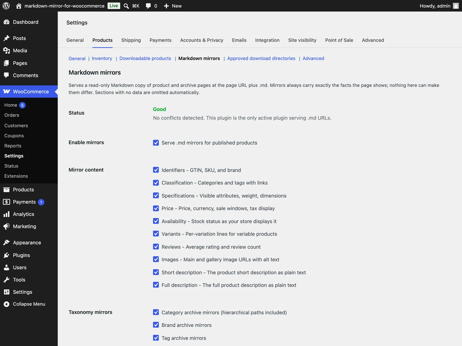 The plugin's settings section in WooCommerce: a green Good conflict status, the master mirror toggle, per-section content checkboxes, and taxonomy mirror toggles